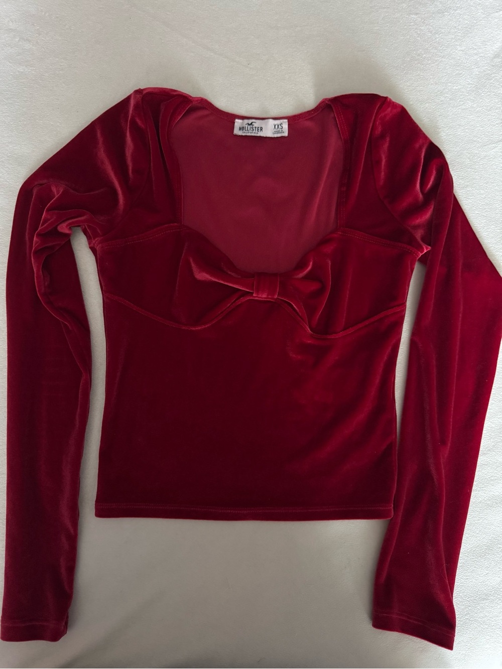 Hollister Deep Red Velvet Long Sleeve Bow-Front Top